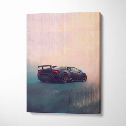 Black lamborghini huracán canvas print featuring sleek sporty design with glowing red taillights and rear spoiler
