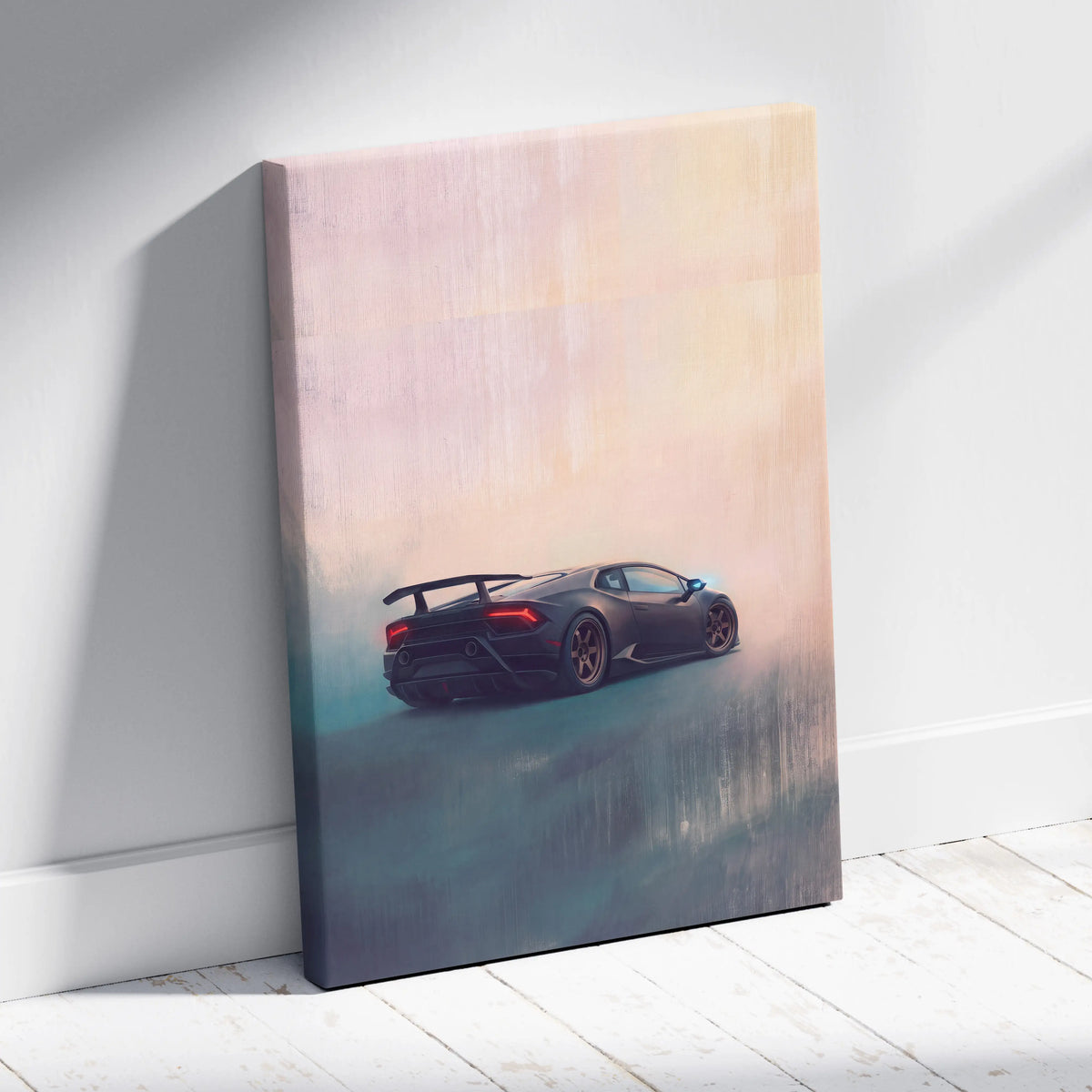 A sleek black Lamborghini Huracán rear view canvas print with glossy finish and gradient pink teal sky background