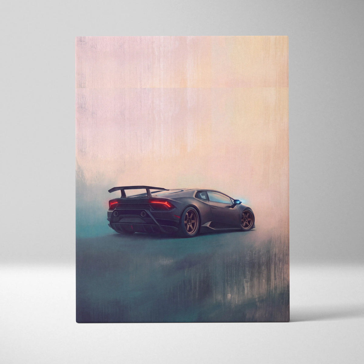 Black matte Lamborghini Huracán with red taillights and bronze wheels in a stylized luxury supercar canvas print