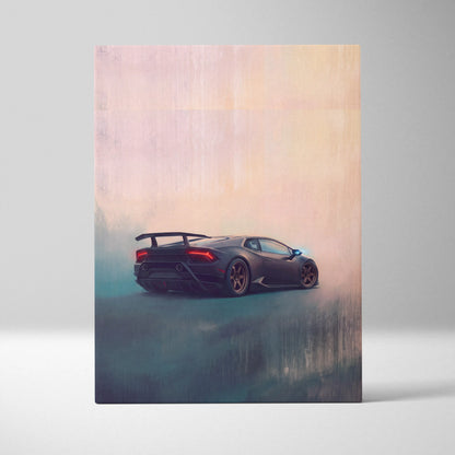 Black matte Lamborghini Huracán with red taillights and bronze wheels in a stylized luxury supercar canvas print