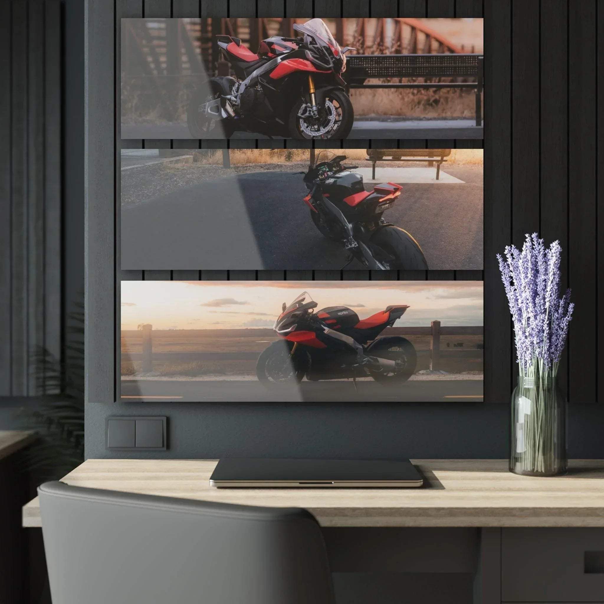 Three-piece acrylic canvas wall art featuring a red Aprilia RSV4 1100 Factory motorcycle in urban and sunset settings.