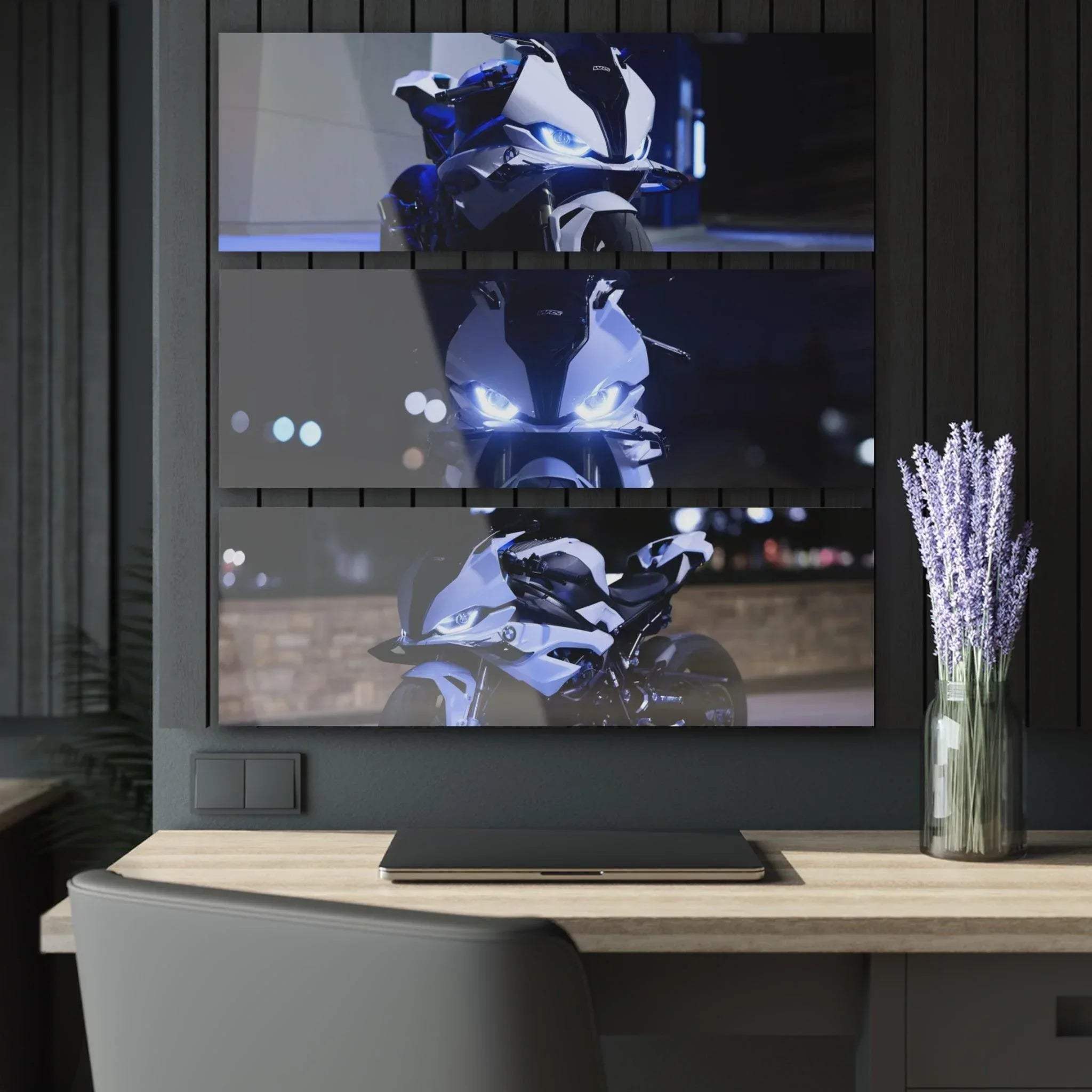 BMW Inspired S1000RR motorcycle canvas wall art in dark blue and black tones, sleek modern canvas art panel.