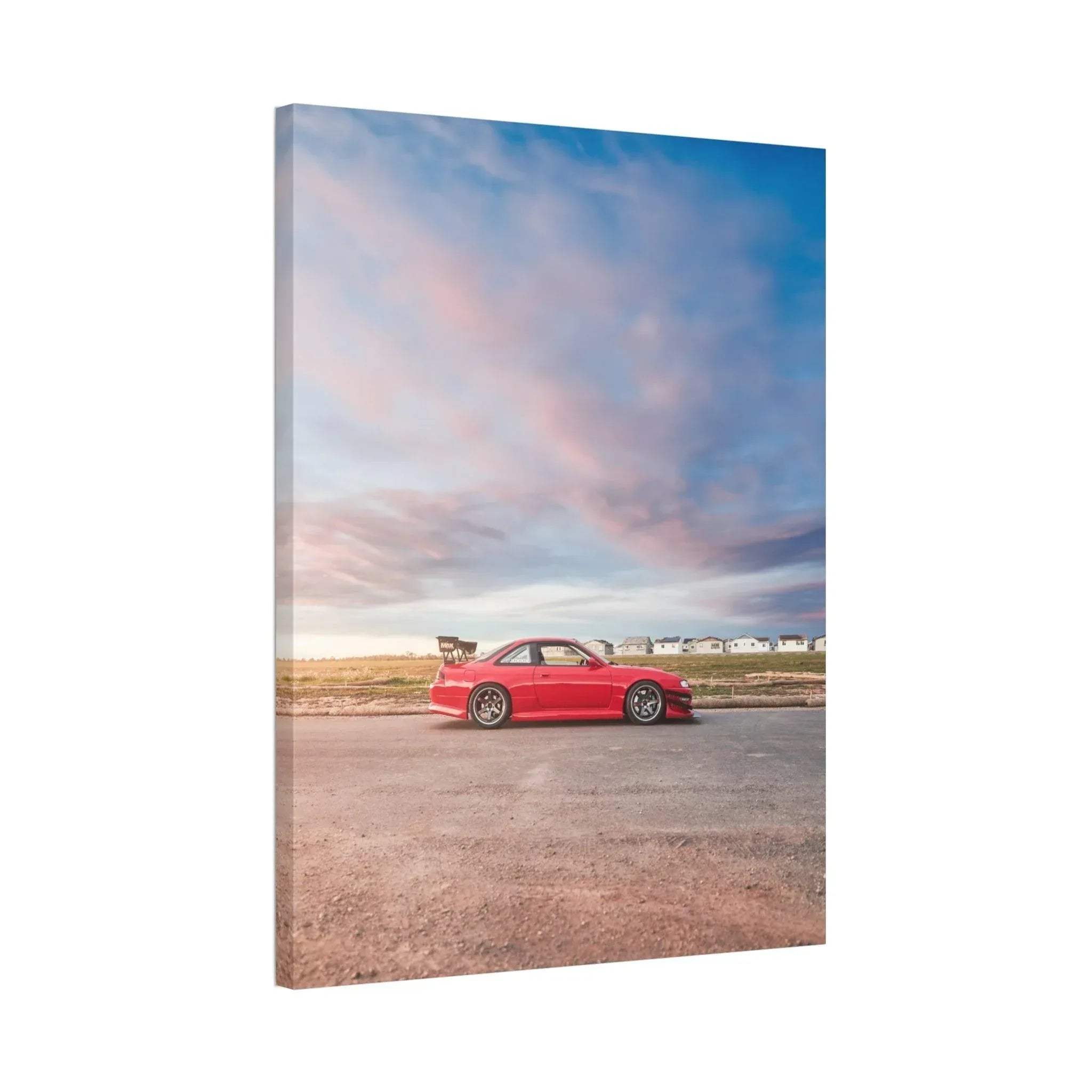 Red Nissan 240sx S14 Kouki car on canvas wall art with blue sky background, vertical canvas art.