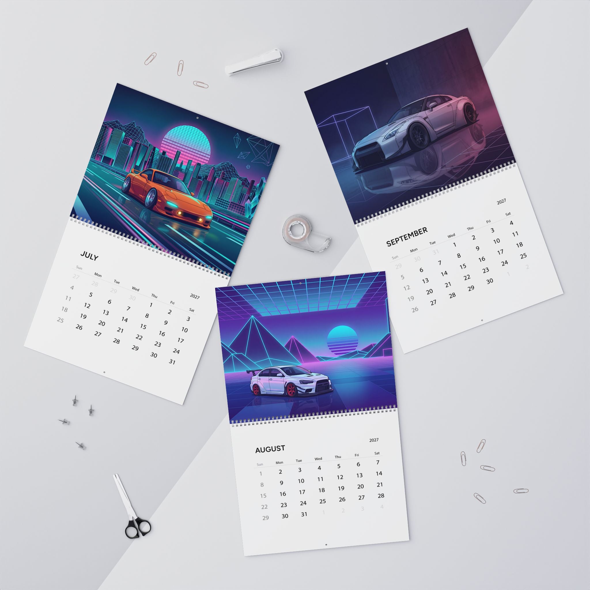 2027 JDM Cars Vaporwave Wall Calendar – Japanese Performance Cars & Retro Neon Artwork Collection