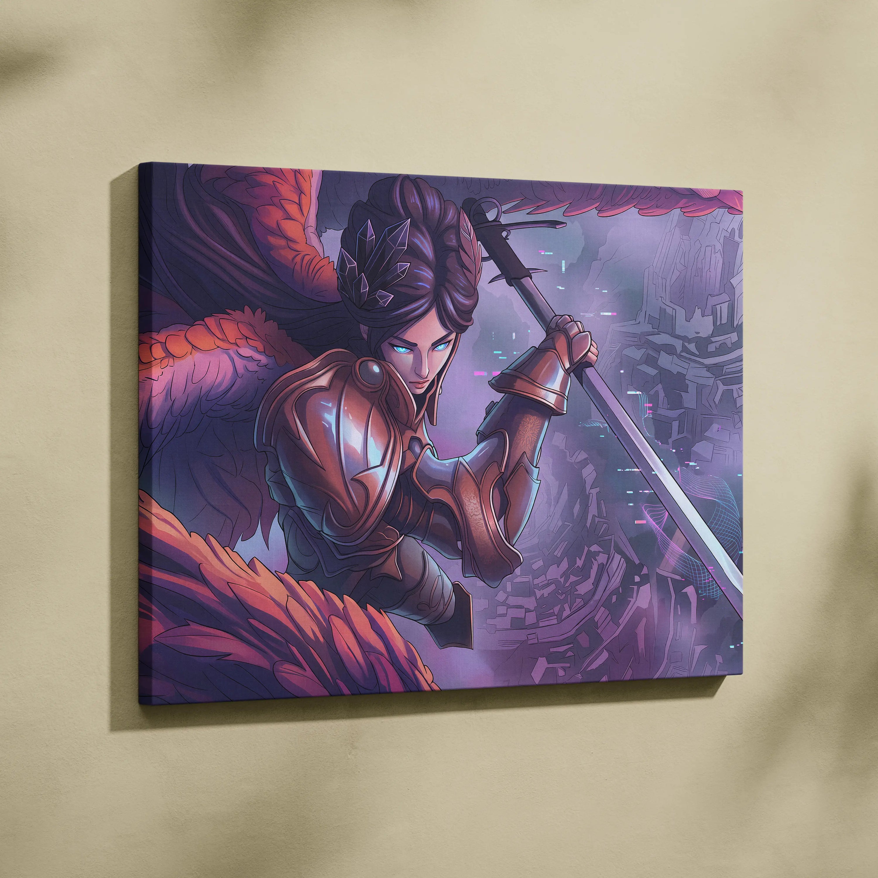 Vaporwave Fantasy Warrior Canvas - Futuristic Living Room Warrior Woman Neon Pink Vaporwave Dreamy Vaporwave Wall Art