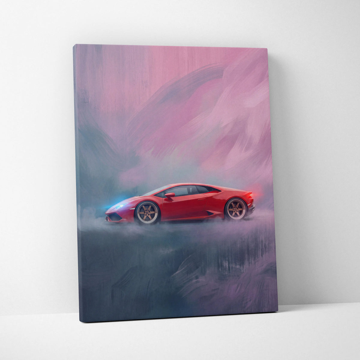 Red lamborghini huracán sports car stylized canvas print with glowing lights on misty pink and gray background wall art