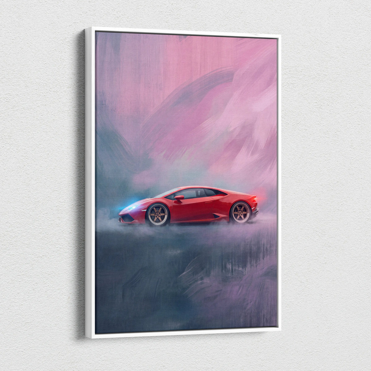 A vibrant red Lamborghini Huracán inspired supercar canvas art with pink and purple stylized atmospheric effects