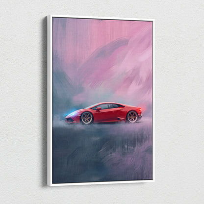 A vibrant red Lamborghini Huracán inspired supercar canvas art with pink and purple stylized atmospheric effects