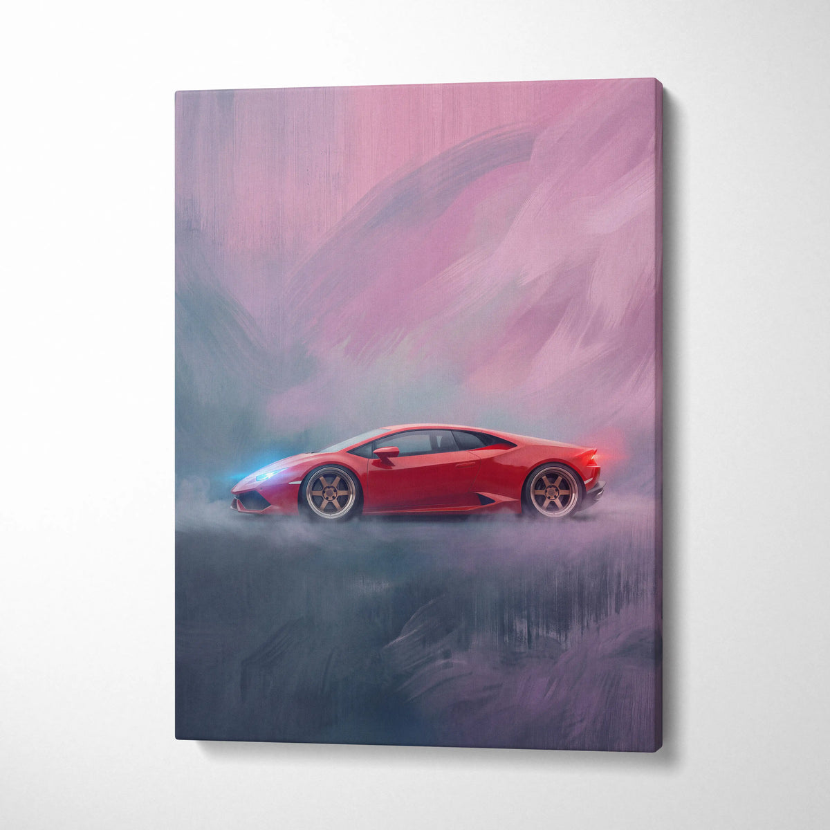 Lamborghini Huracán inspired supercar canvas art featuring vibrant red sports car with glowing blue and red accents in misty landscape