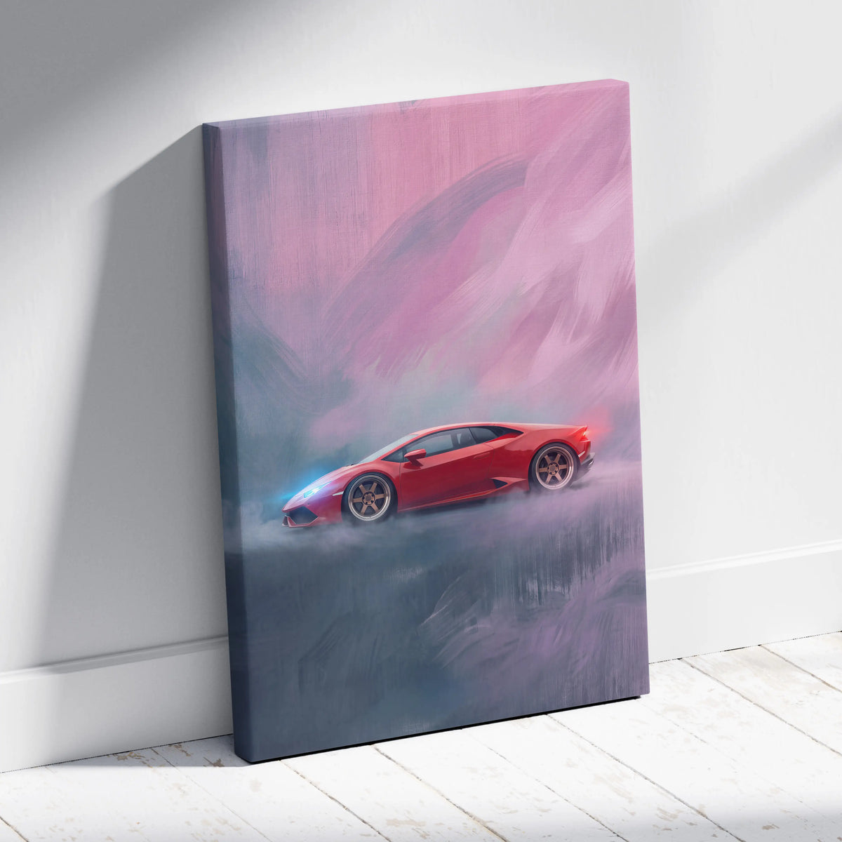 Red Lamborghini Huracán inspired canvas print showing the car drifting through a misty pink-hued sky for wall art