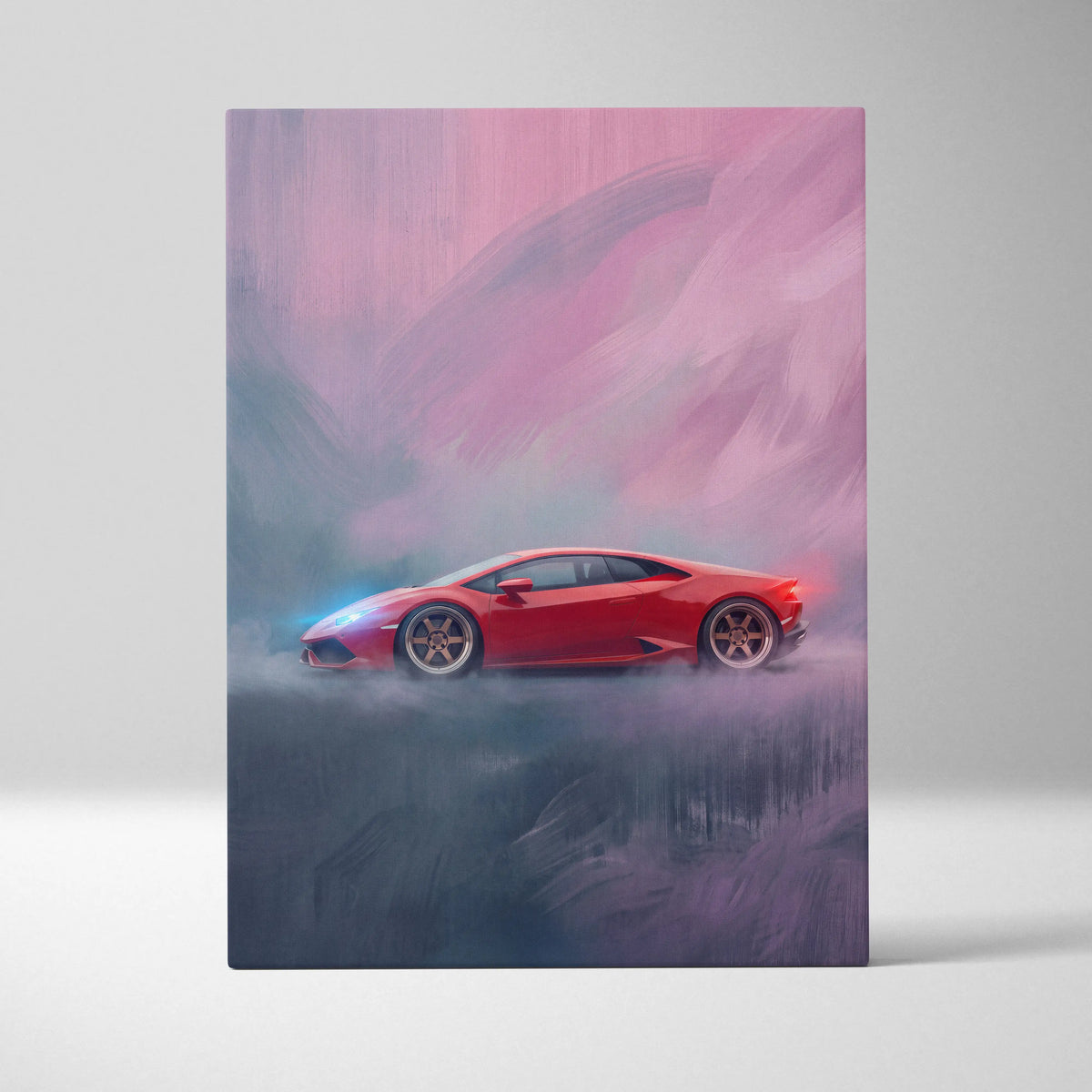 Vibrant red lamborghini huracán inspired supercar canvas art with glowing blue and pink accents for wall decor