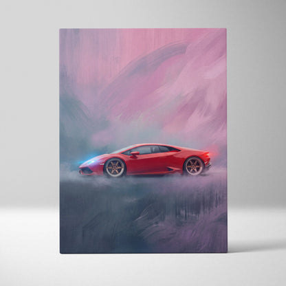 Vibrant red lamborghini huracán inspired supercar canvas art with glowing blue and pink accents for wall decor