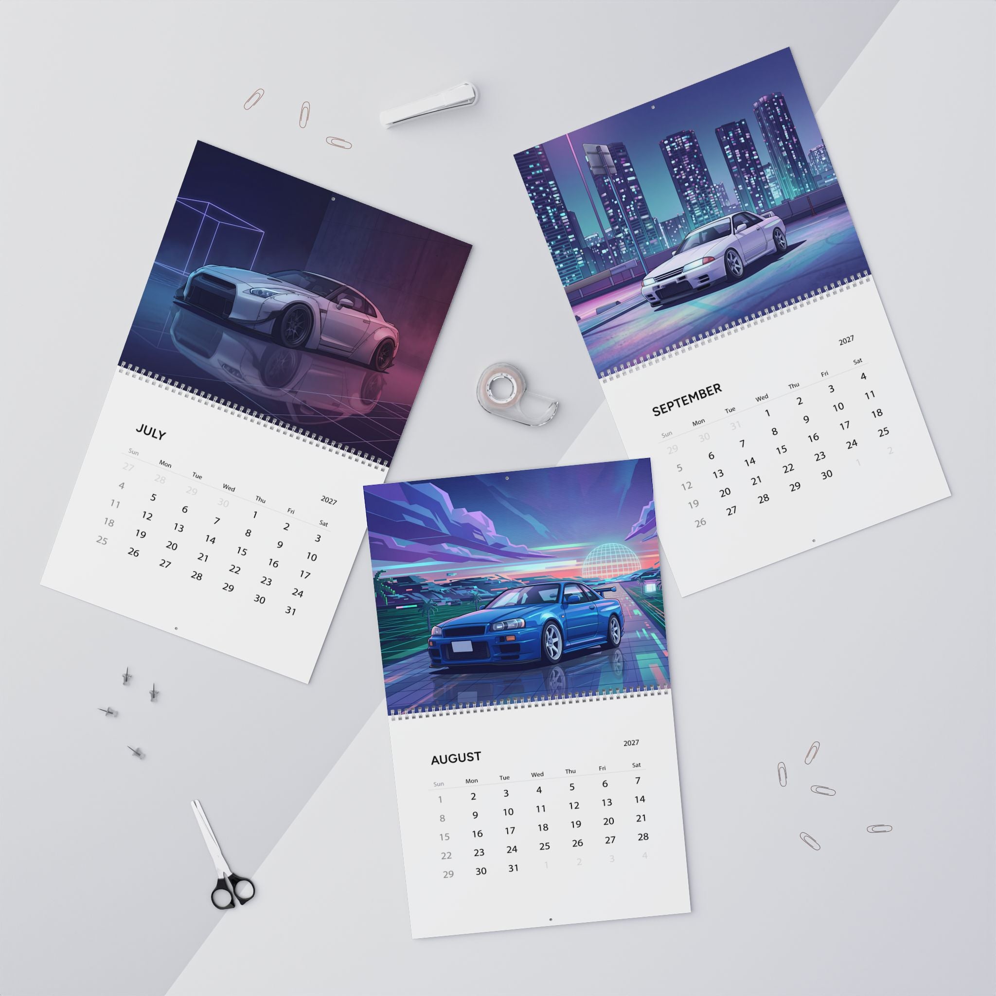 2027 Nissan GT-R Inspired Vaporwave Wall Calendar – Japanese Performance Car & Retro Neon Artwork Collection