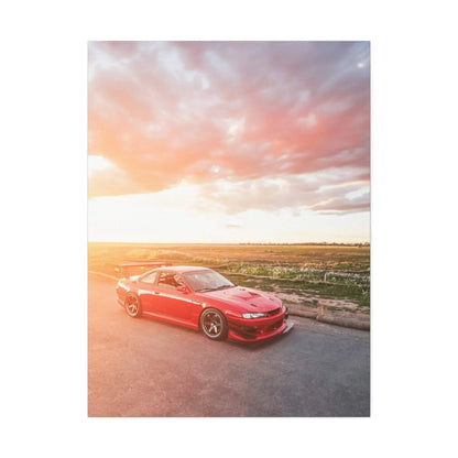 Red Nissan 240sx S14 Kouki parked on road under vibrant sunset sky vertical canvas wall art.