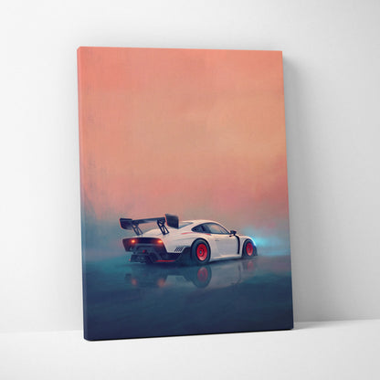 Porsche 935 inspired canvas art featuring a white sports car with red rims and black rear spoiler premium decor