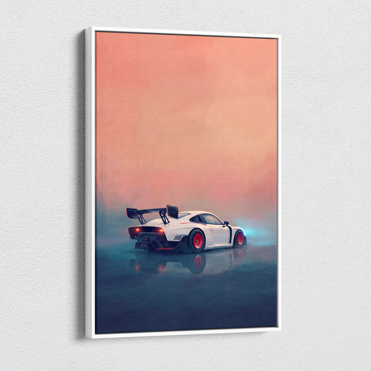 Porsche 935 inspired canvas art of a white sports car with red rims and black rear spoiler in a white frame