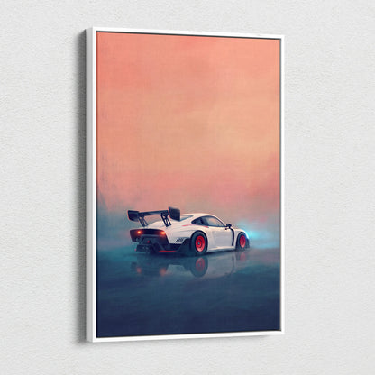 Porsche 935 inspired canvas art of a white sports car with red rims and black rear spoiler in a white frame