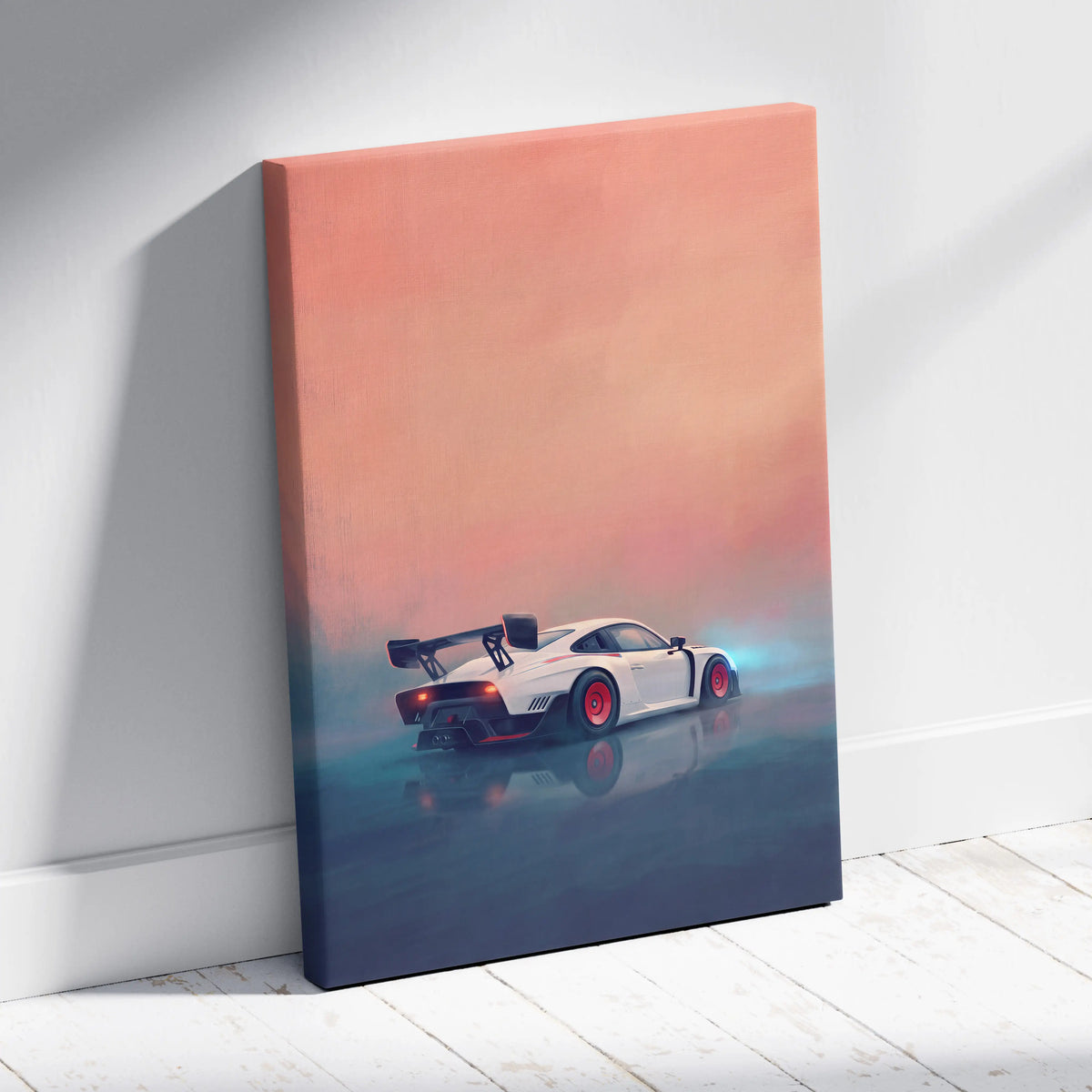 Porsche 935 inspired canvas art featuring a white sports car with red wheels and black spoiler on gradient sky background