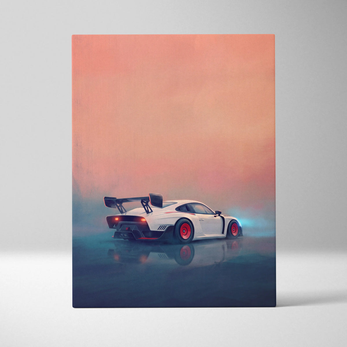 Porsche 935 inspired canvas art featuring a white sports car with red rims and a black rear spoiler on premium wall decor