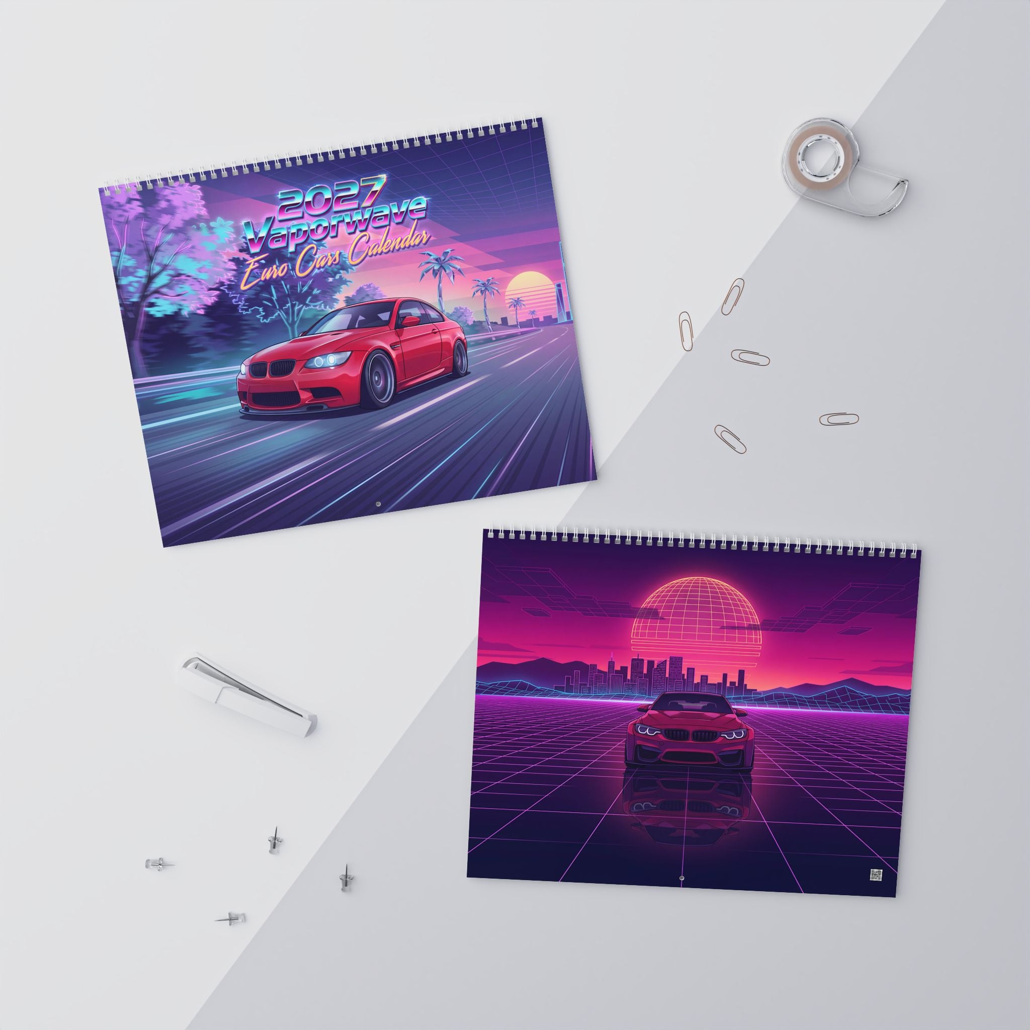 2027 European Car Vaporwave Wall Calendar – BMW Inspired Performance Cars & Retro Neon Artwork Collection