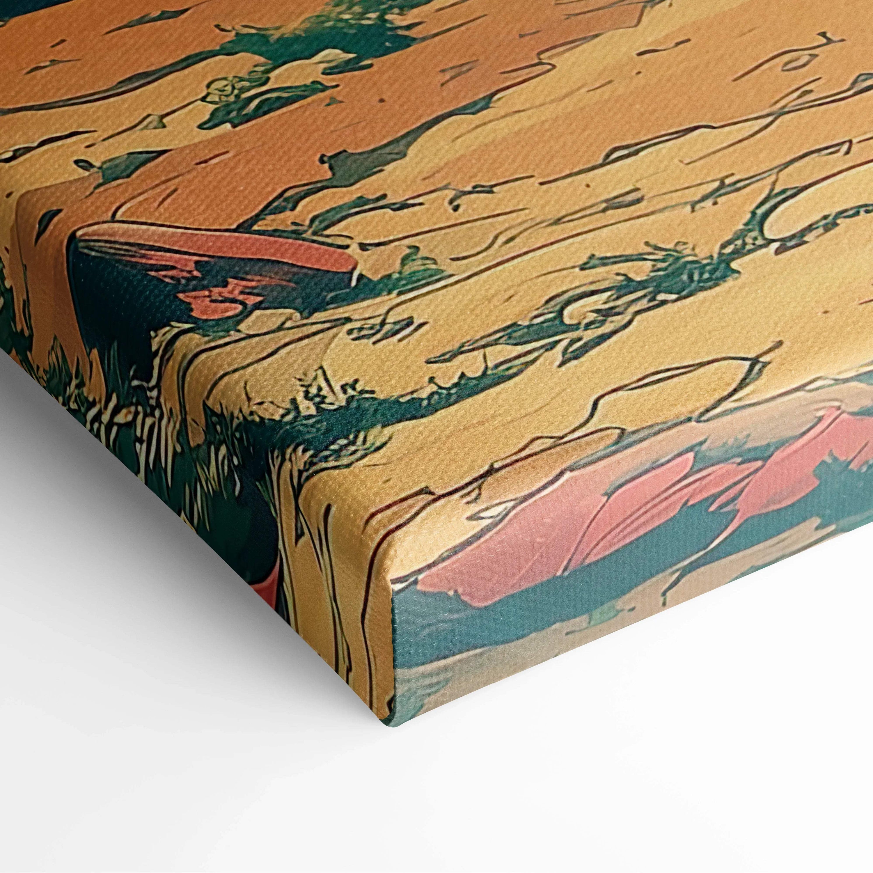 Wanderer in Amber Mountain Valley canvas wall art with teal peaks at sunset