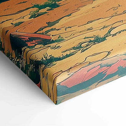 Wanderer in Amber Mountain Valley canvas wall art with teal peaks at sunset