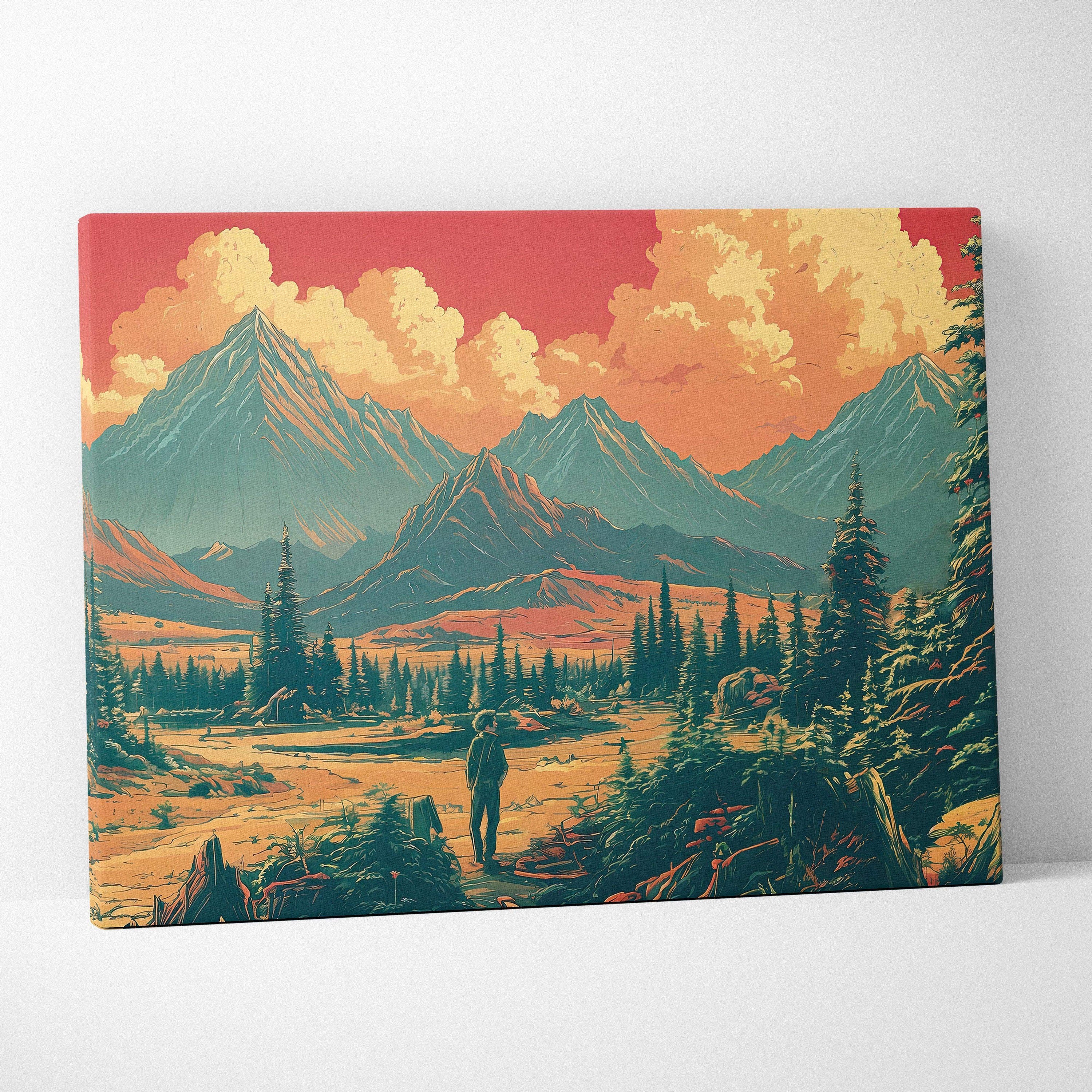 Wanderer in amber mountain valley canvas wall art with teal peaks at sunset