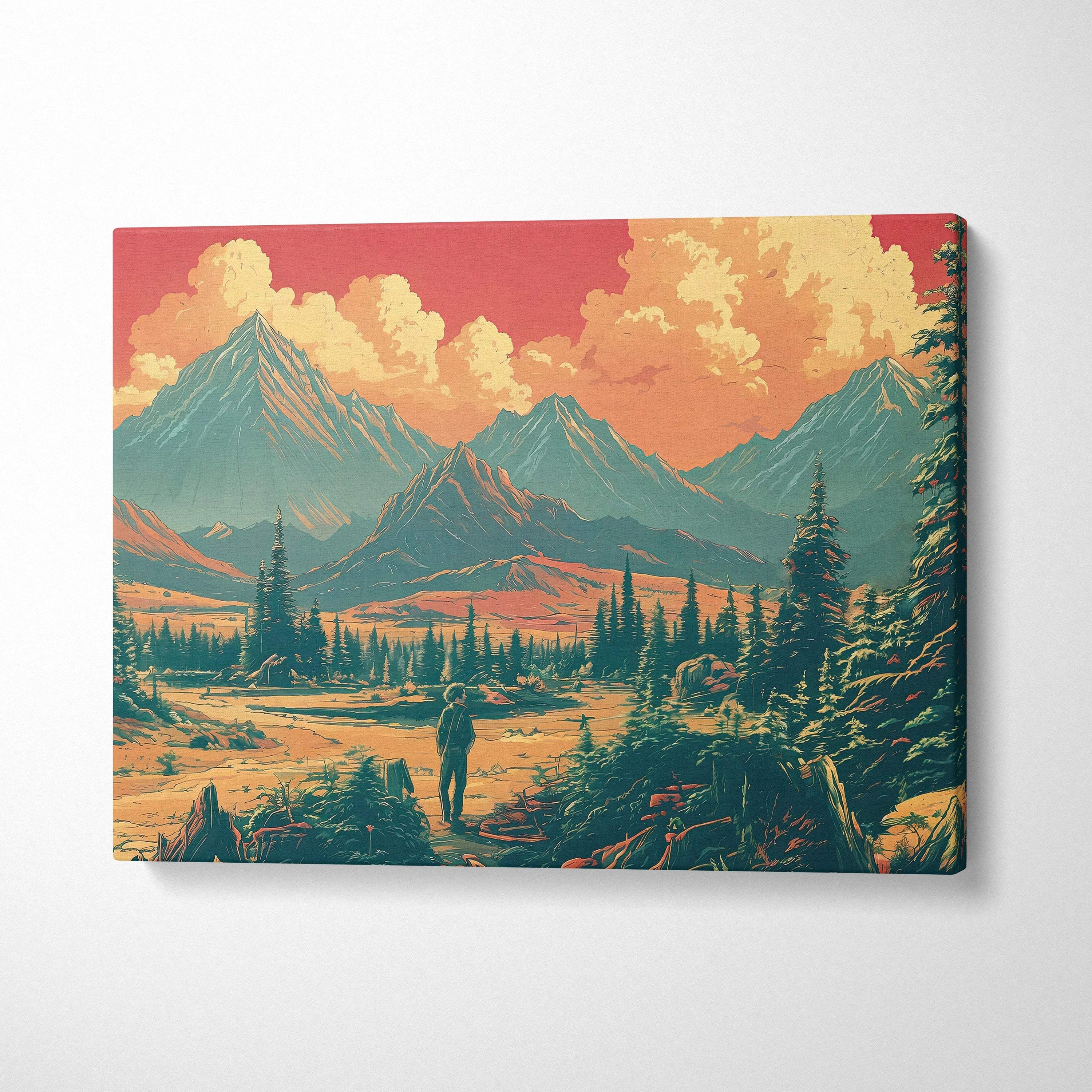 Wanderer in amber mountain valley canvas art with teal peaks at sunset