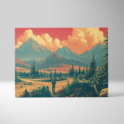 Wanderer in amber mountain valley canvas art with teal peaks at sunset