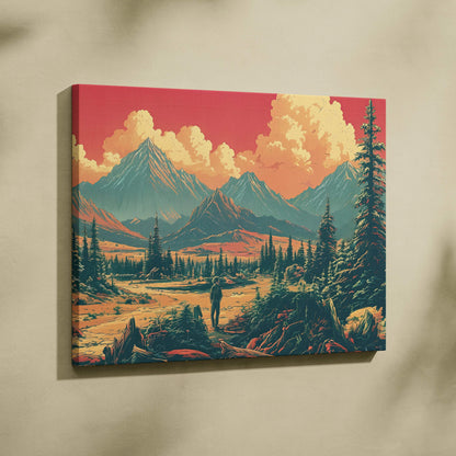 Vibrant canvas print of lone hiker in amber mountain valley with teal peaks at sunset