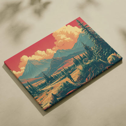 Wanderer in amber mountain valley canvas art with teal peaks at sunset