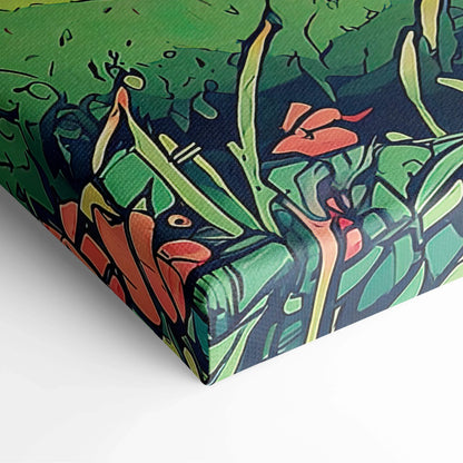 Vibrant green orange tropical foliage on whimsical moonlit cabin canvas print
