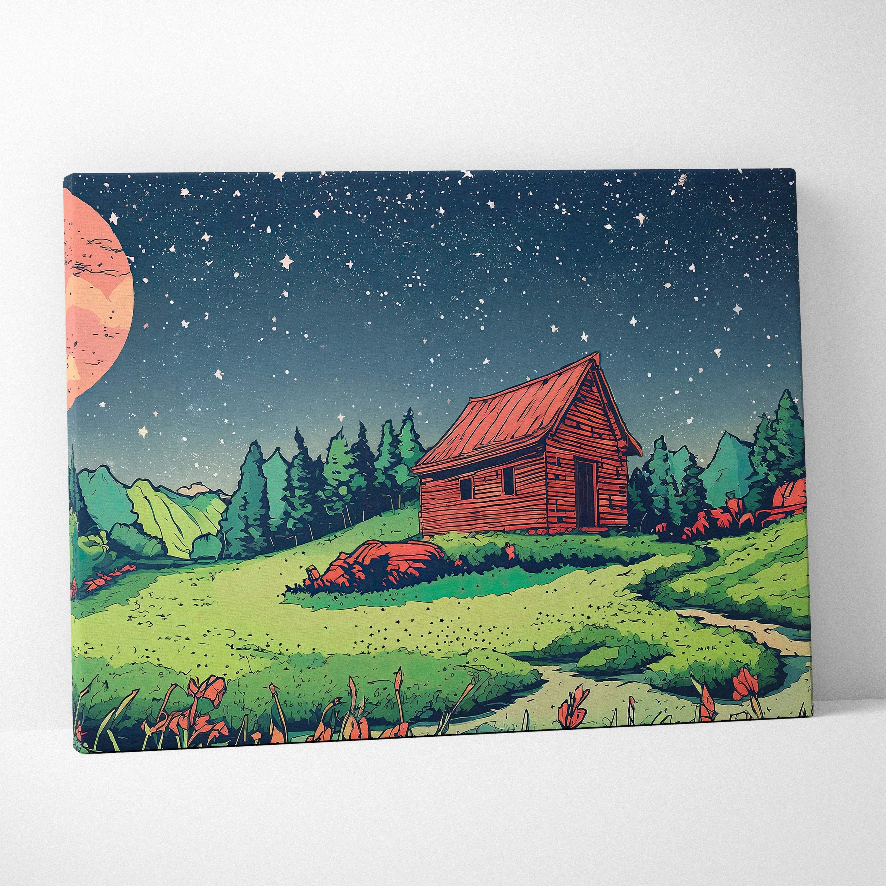 Whimsical moonlit red cabin in green meadow canvas wall art with starry sky