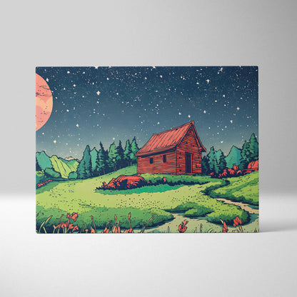 Whimsical moonlit cabin in green meadow canvas wall art with starry night sky