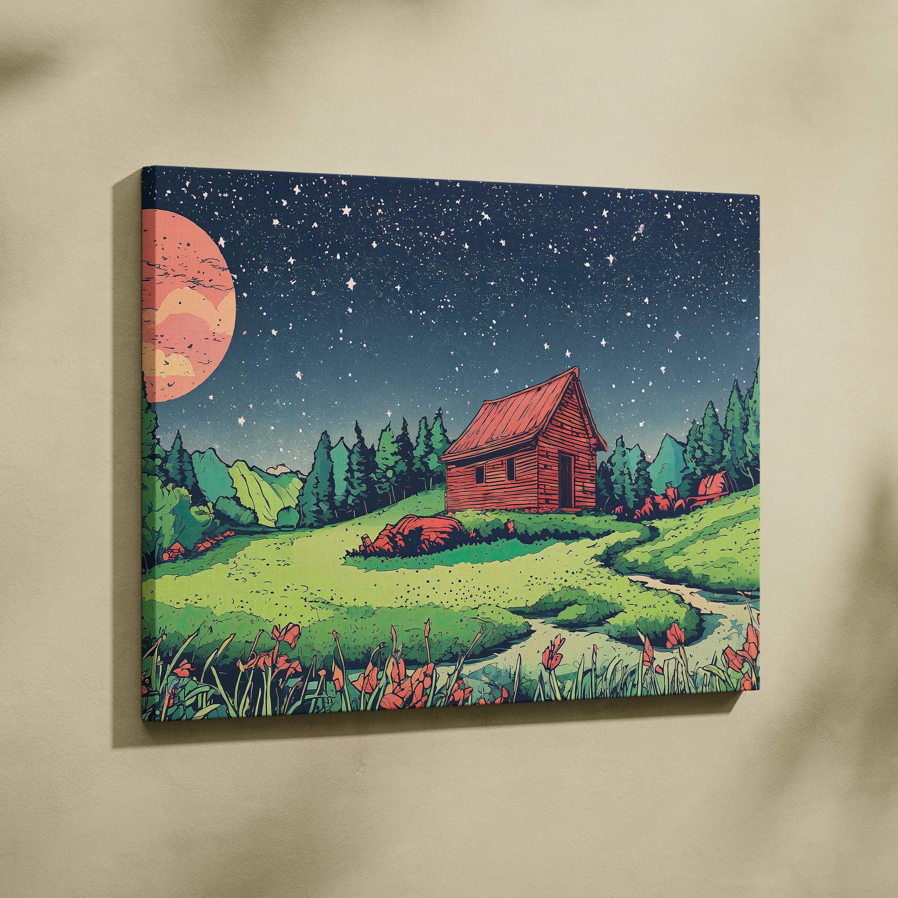 Whimsical moonlit red cabin in green meadow canvas wall art with starry sky