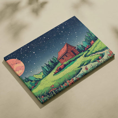 Stylized red-roofed cabin in green meadow under starry sky with pink moon canvas art