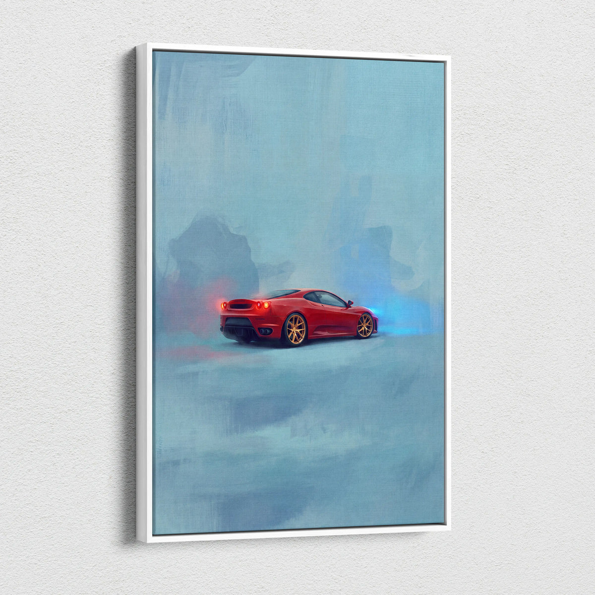 Red ferrari f430 inspired sports car wall art in stylized painterly design on white framed canvas print