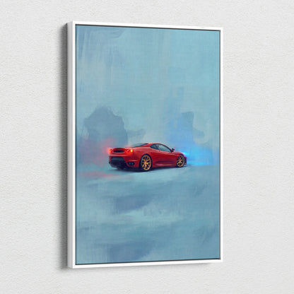 Red ferrari f430 inspired sports car wall art in stylized painterly design on white framed canvas print