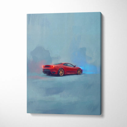 Ferrari f430 inspired red sports car wall art canvas print with glowing red and blue effects track edition