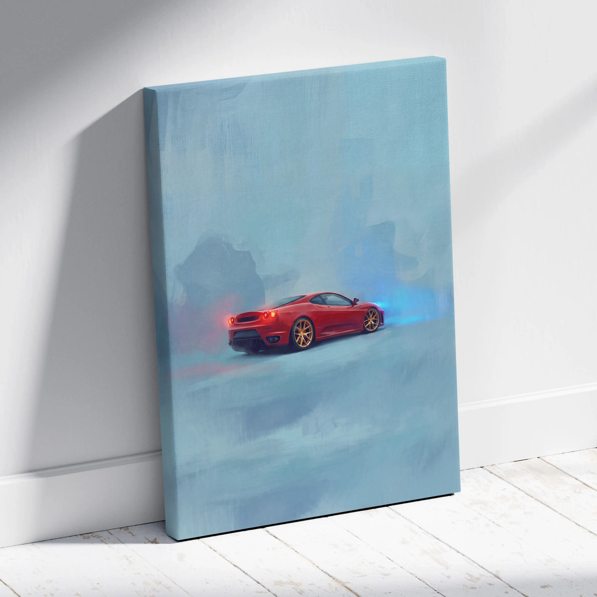 Ferrari f430 inspired red sports car wall art on light blue canvas for track edition decor and painting print
