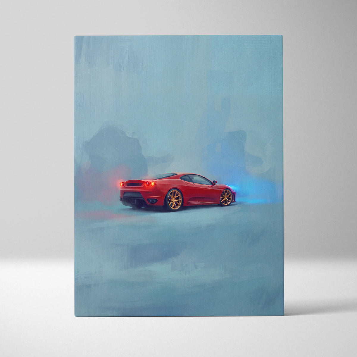 Red ferrari f430 inspired sports car wall art canvas painting with glowing red and blue lights track edition