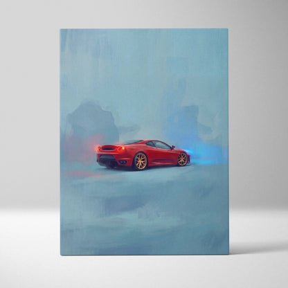 Red ferrari f430 inspired sports car wall art canvas painting with glowing red and blue lights track edition