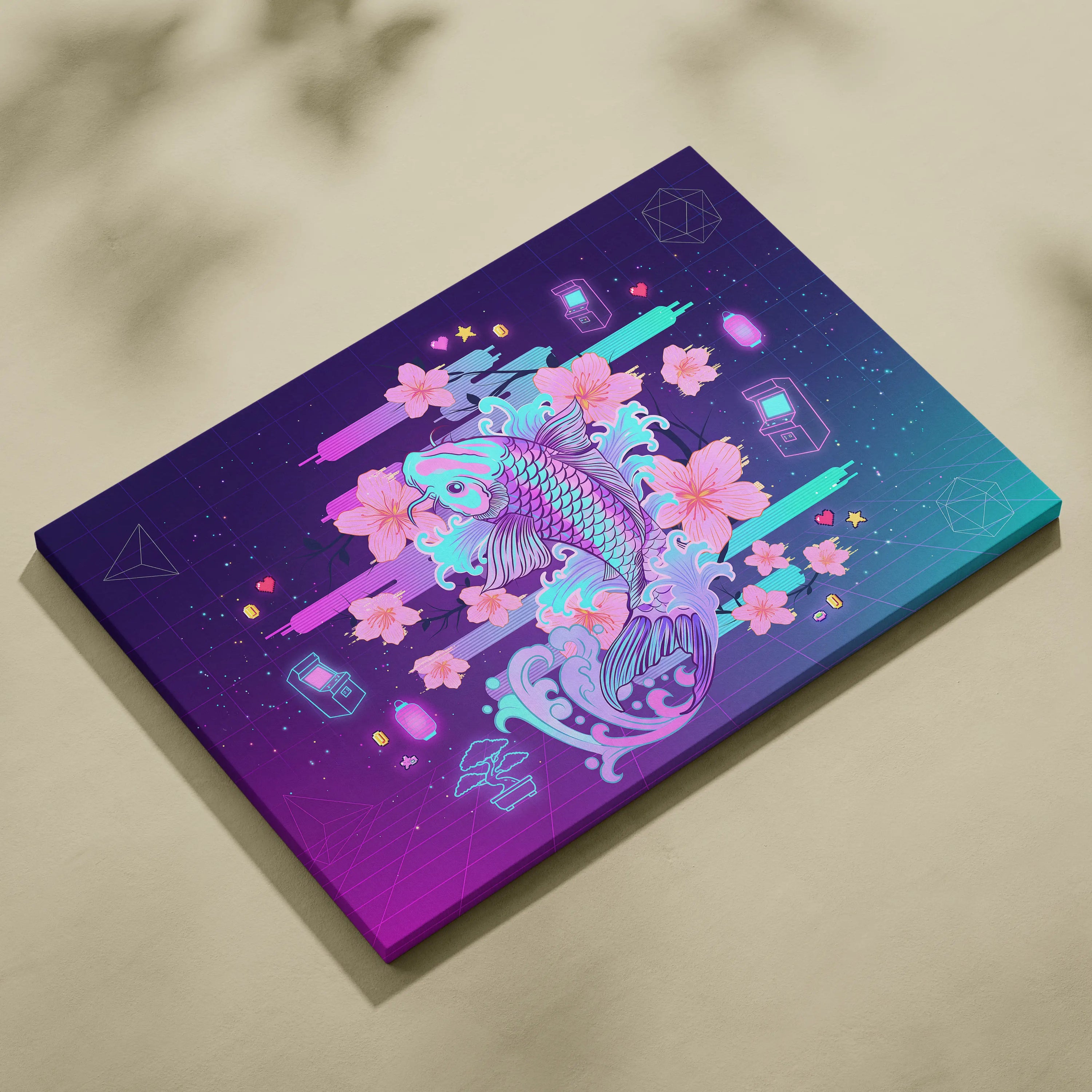 Vaporwave Sakura Neon Canvas - Koi Fish Pink Purple Aqua Living Room Vaporwave Dreamy Nostalgic Retro Wall Art Canvas