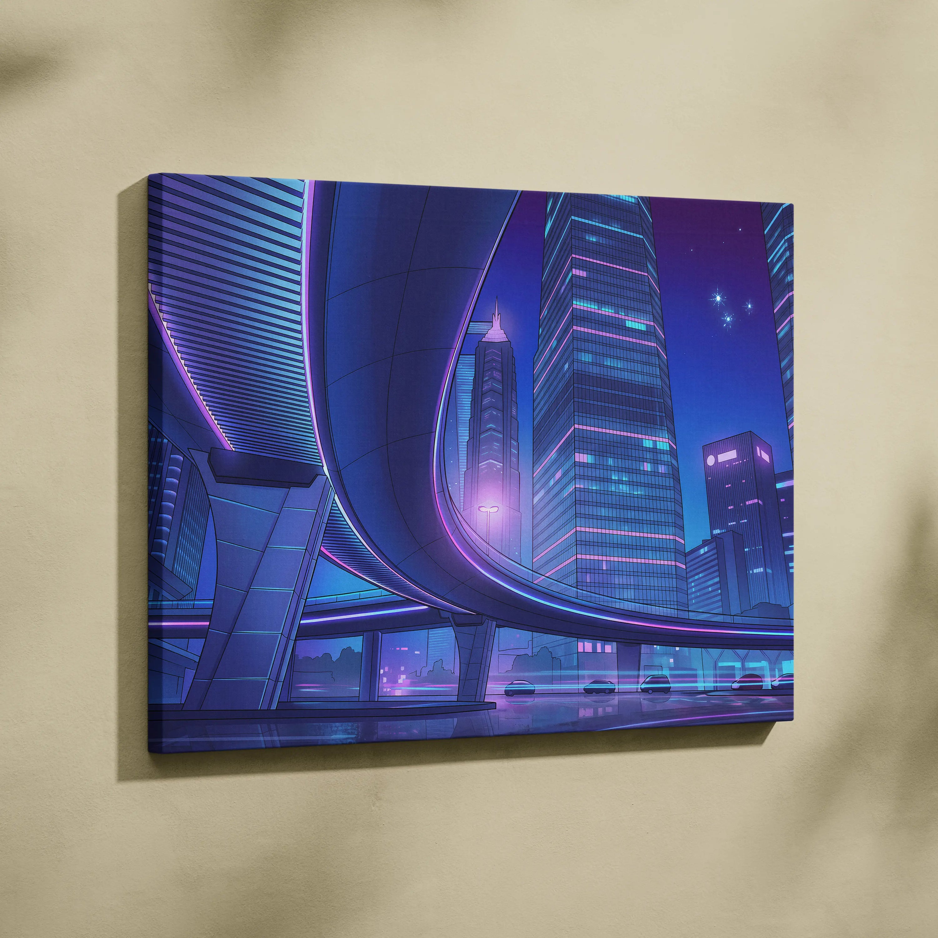 Neon Skyline Vapor Canvas - Vaporwave City Neon Blues Pink Living Synthwave Art Dreamy Mood Retro Futurism Art Canvas