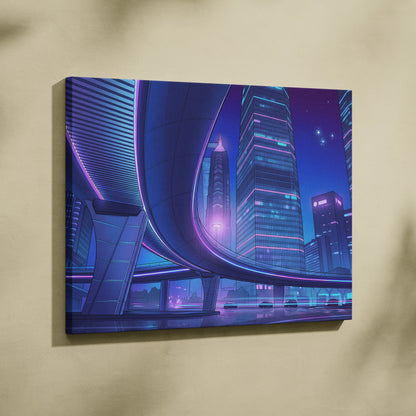Neon Skyline Vapor Canvas - Vaporwave City Neon Blues Pink Living Synthwave Art Dreamy Mood Retro Futurism Art Canvas