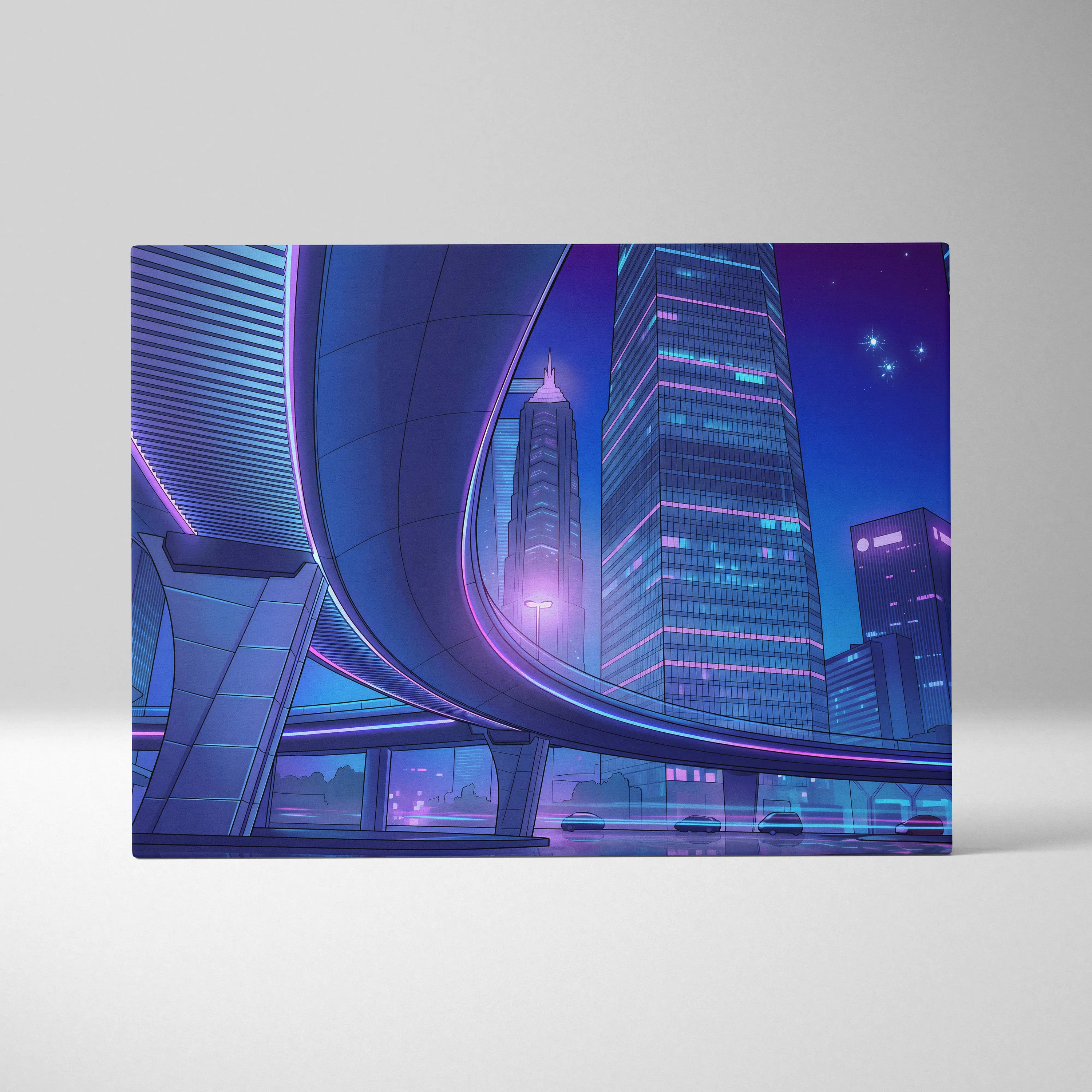 Neon Skyline Vapor Canvas - Vaporwave City Neon Blues Pink Living Synthwave Art Dreamy Mood Retro Futurism Art Canvas