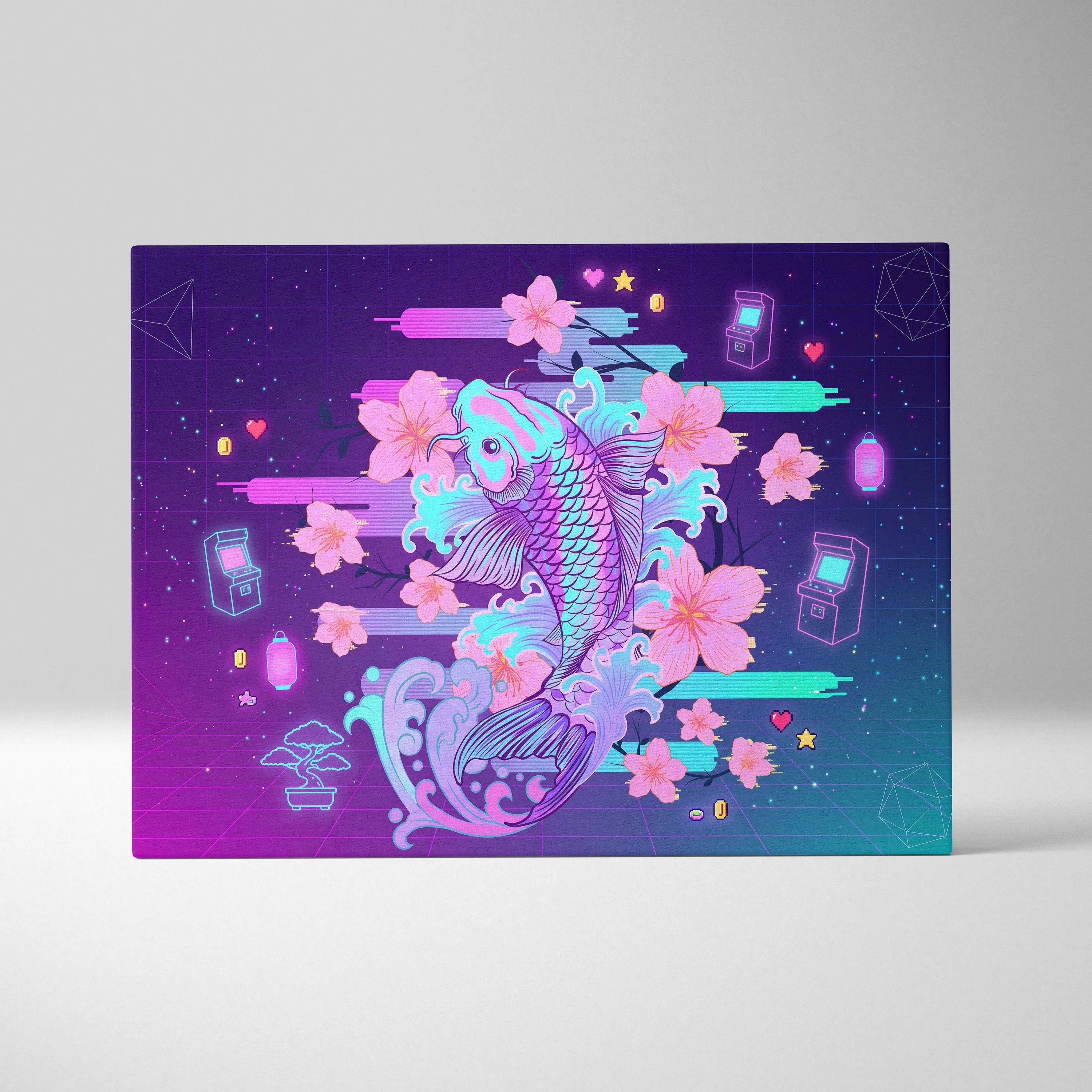 Vaporwave Sakura Neon Canvas - Koi Fish Pink Purple Aqua Living Room Vaporwave Dreamy Nostalgic Retro Wall Art Canvas