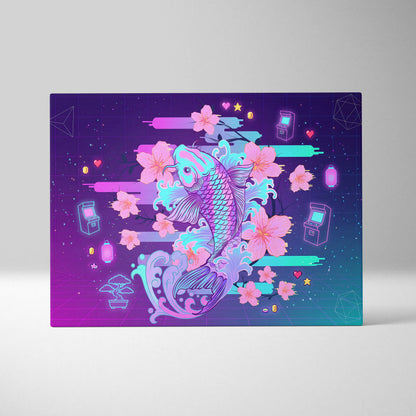 Vaporwave Sakura Neon Canvas - Koi Fish Pink Purple Aqua Living Room Vaporwave Dreamy Nostalgic Retro Wall Art Canvas