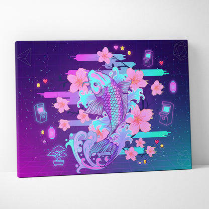 Vaporwave Sakura Neon Canvas - Koi Fish Pink Purple Aqua Living Room Vaporwave Dreamy Nostalgic Retro Wall Art Canvas