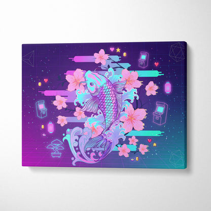 Vaporwave Sakura Neon Canvas - Koi Fish Pink Purple Aqua Living Room Vaporwave Dreamy Nostalgic Retro Wall Art Canvas